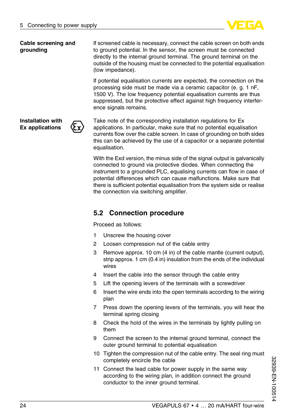 2 connection procedure | VEGA VEGAPULS 67 (≥ 2.0.0 - ≤ 3.8) 4 … 20 mA_HART four-wire User Manual | Page 24 / 60