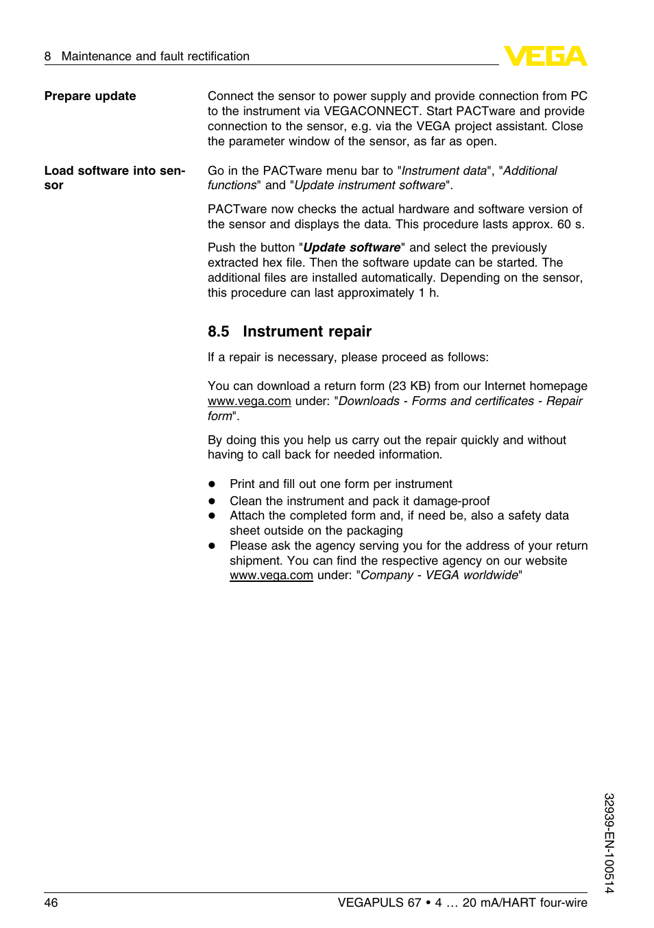 5 instrument repair | VEGA VEGAPULS 67 (≥ 2.0.0 - ≤ 3.8) 4 … 20 mA_HART four-wire User Manual | Page 46 / 60