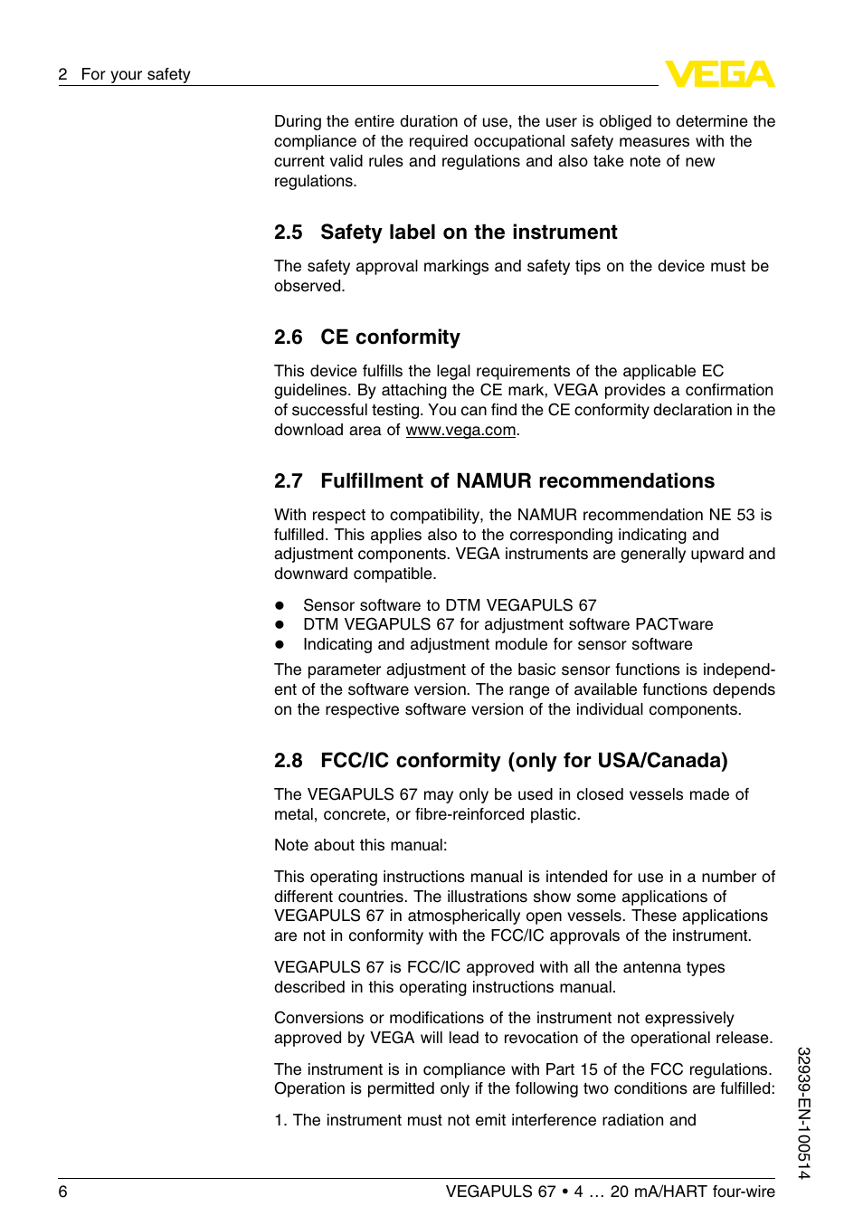 5 safety label on the instrument, 6 ce conformity, 7 fulfillment of namur recommendations | 8 fcc/ic conformity (only for usa/canada), 7 fulﬁllment of namur recommendations | VEGA VEGAPULS 67 (≥ 2.0.0 - ≤ 3.8) 4 … 20 mA_HART four-wire User Manual | Page 6 / 60