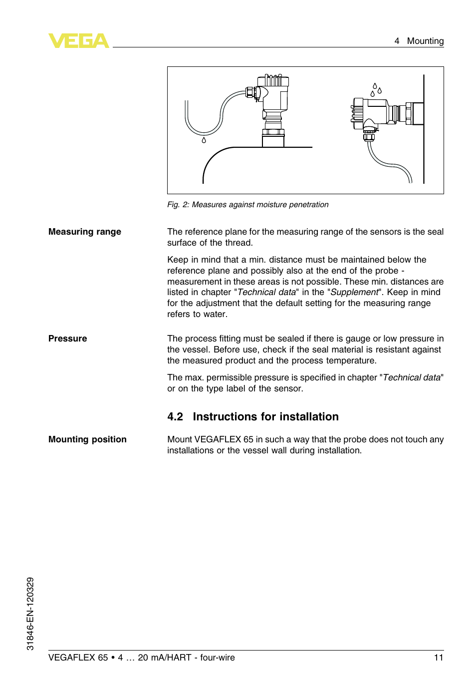 2 instructions for installation | VEGA VEGAFLEX 65 4 … 20 mA_HART four-wire User Manual | Page 11 / 52