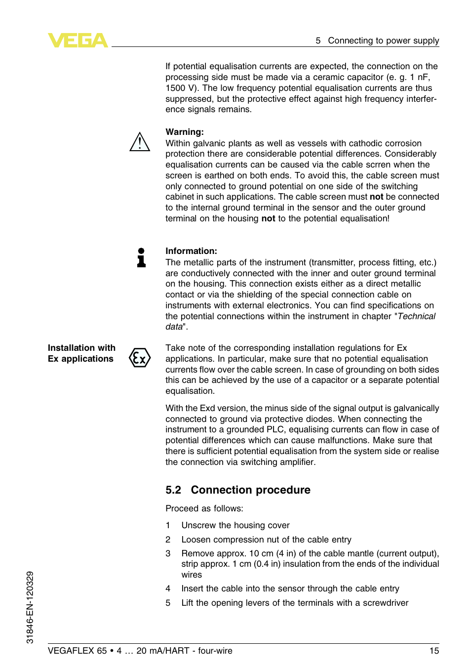 2 connection procedure | VEGA VEGAFLEX 65 4 … 20 mA_HART four-wire User Manual | Page 15 / 52