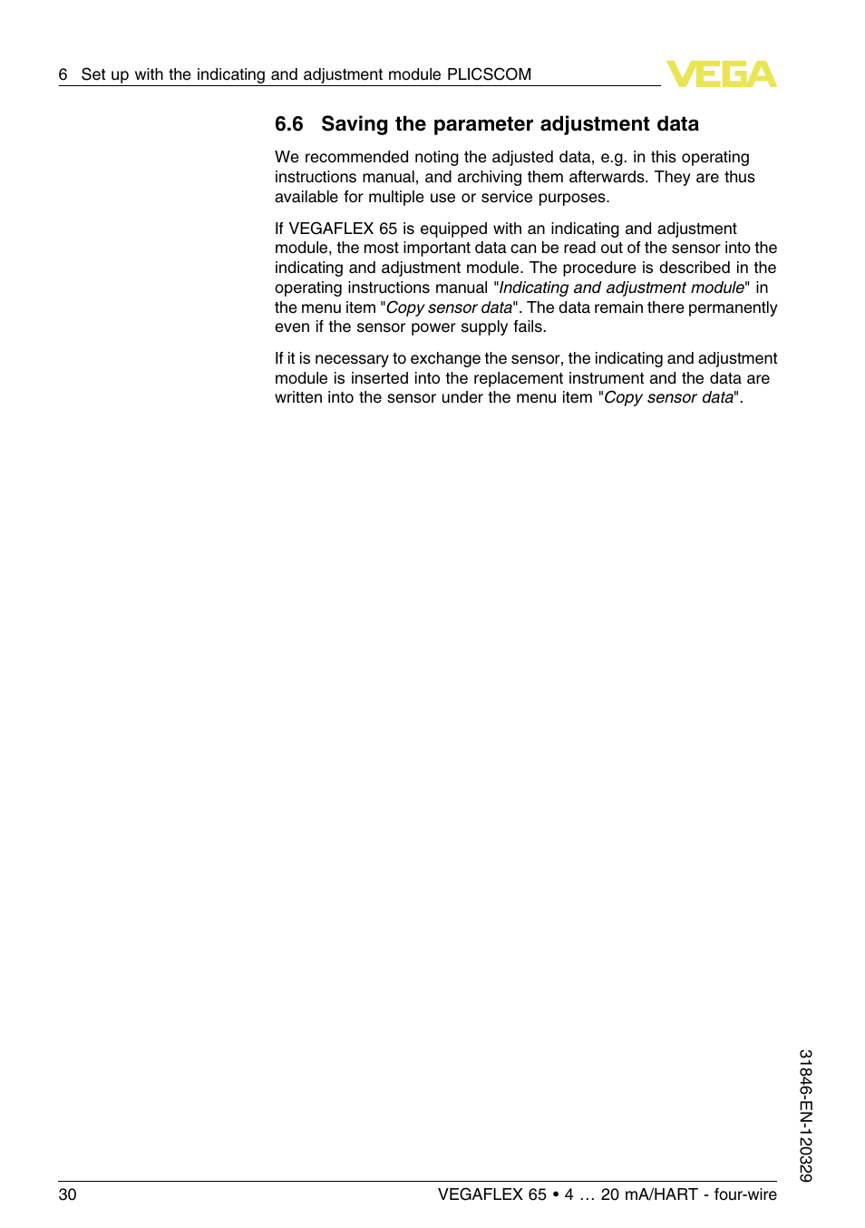 6 saving the parameter adjustment data | VEGA VEGAFLEX 65 4 … 20 mA_HART four-wire User Manual | Page 30 / 52