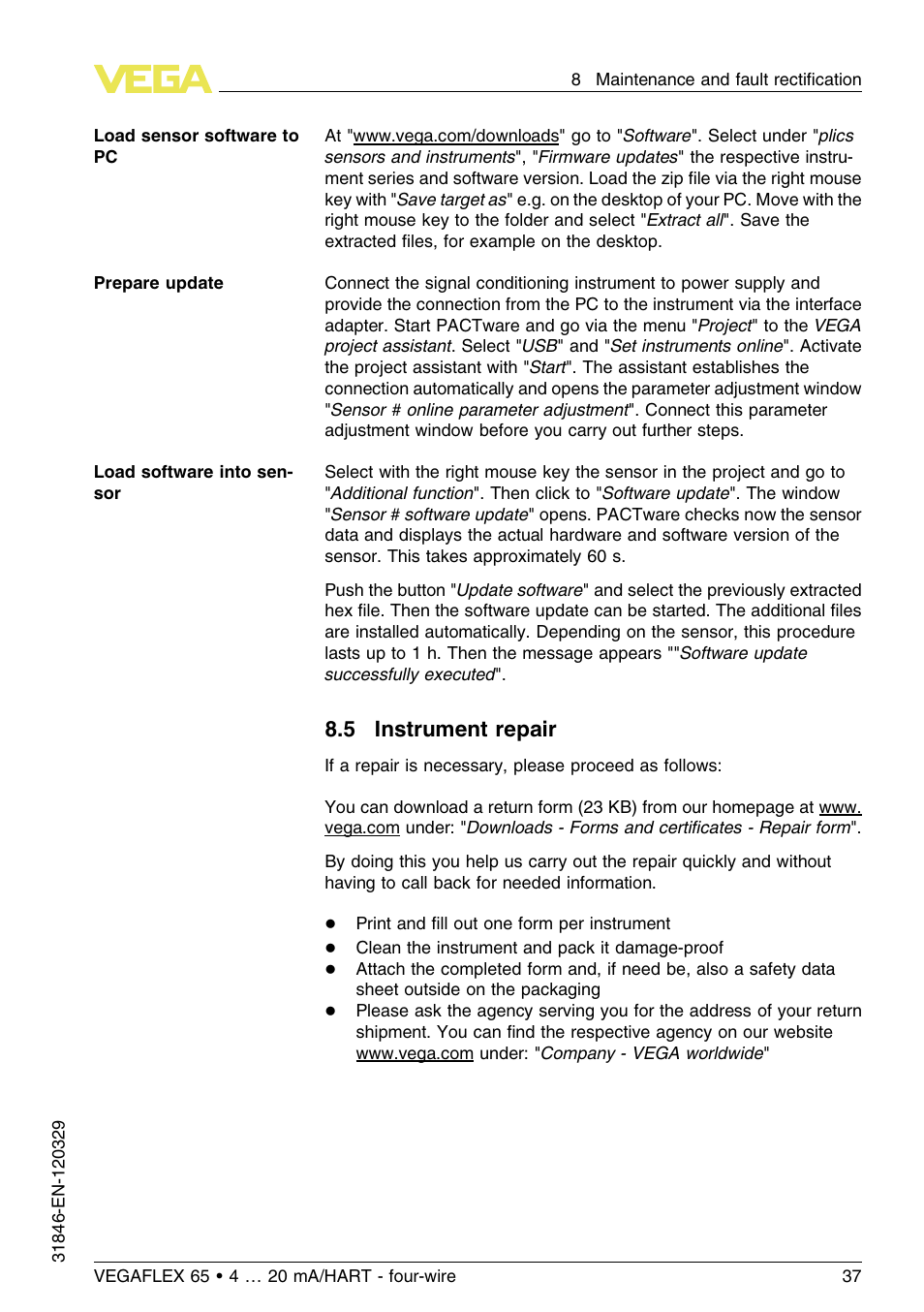 5 instrument repair | VEGA VEGAFLEX 65 4 … 20 mA_HART four-wire User Manual | Page 37 / 52