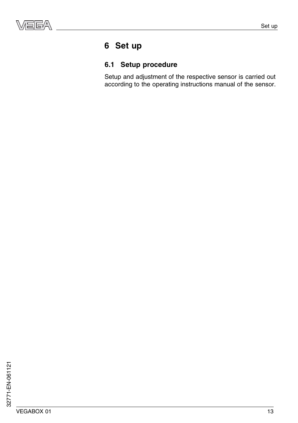 6 set up, 1 setup procedure | VEGA VEGABOX 01 User Manual | Page 13 / 20