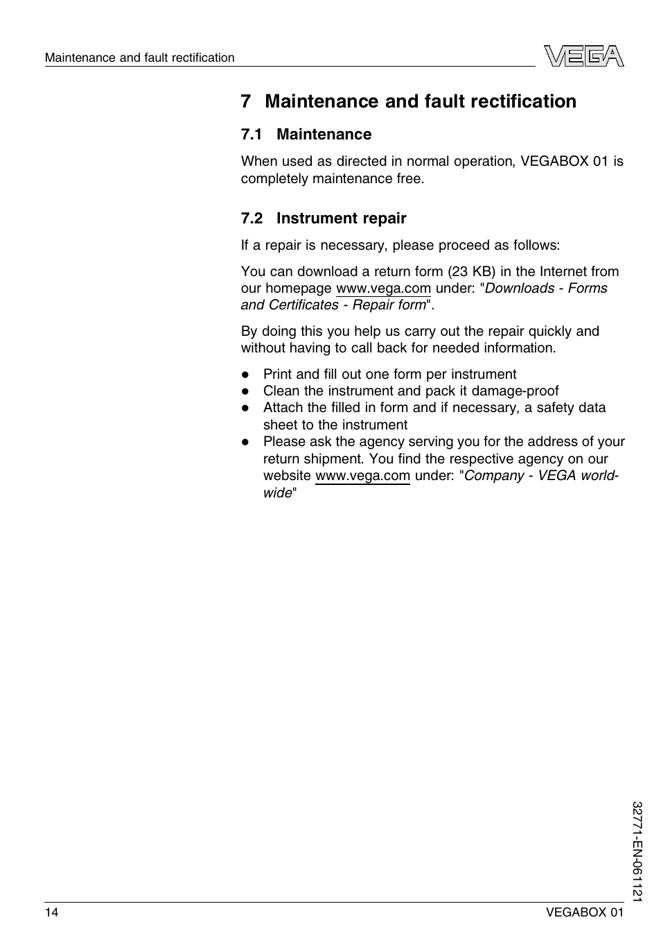 7 maintenance and fault rectification, 1 maintenance, 2 instrument repair | 7 maintenance and fault rectiﬁcation | VEGA VEGABOX 01 User Manual | Page 14 / 20