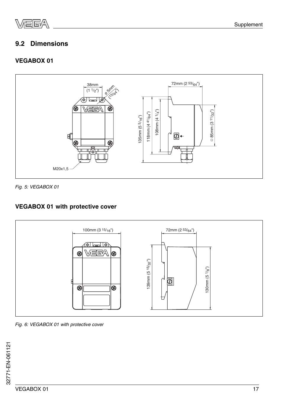 2 dimensions, Vegabox 01, Vegabox 01 with protective cover | VEGA VEGABOX 01 User Manual | Page 17 / 20