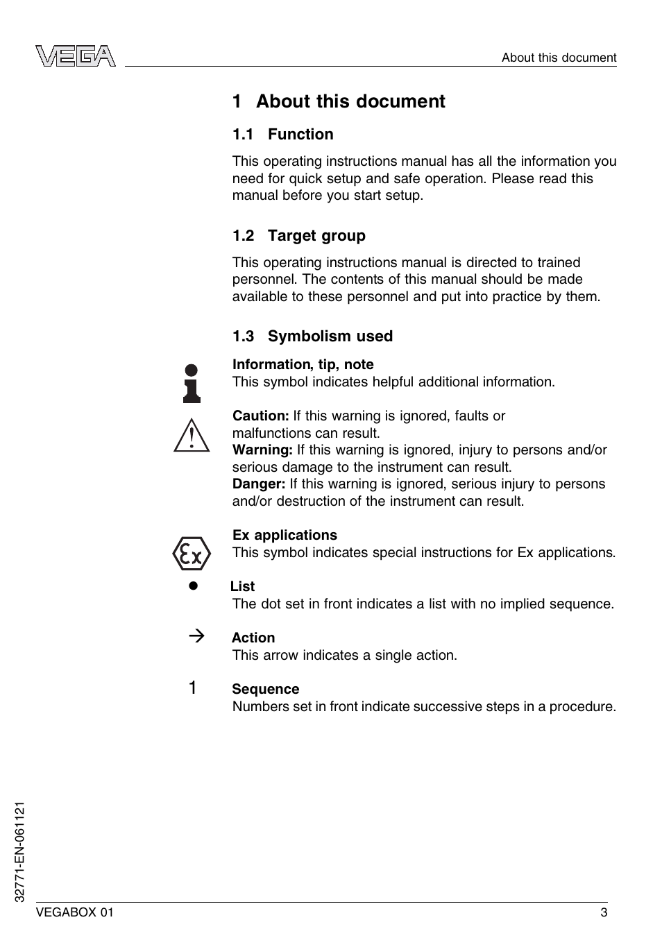 1 about this document, 1 function, 2 target group | 3 symbolism used | VEGA VEGABOX 01 User Manual | Page 3 / 20
