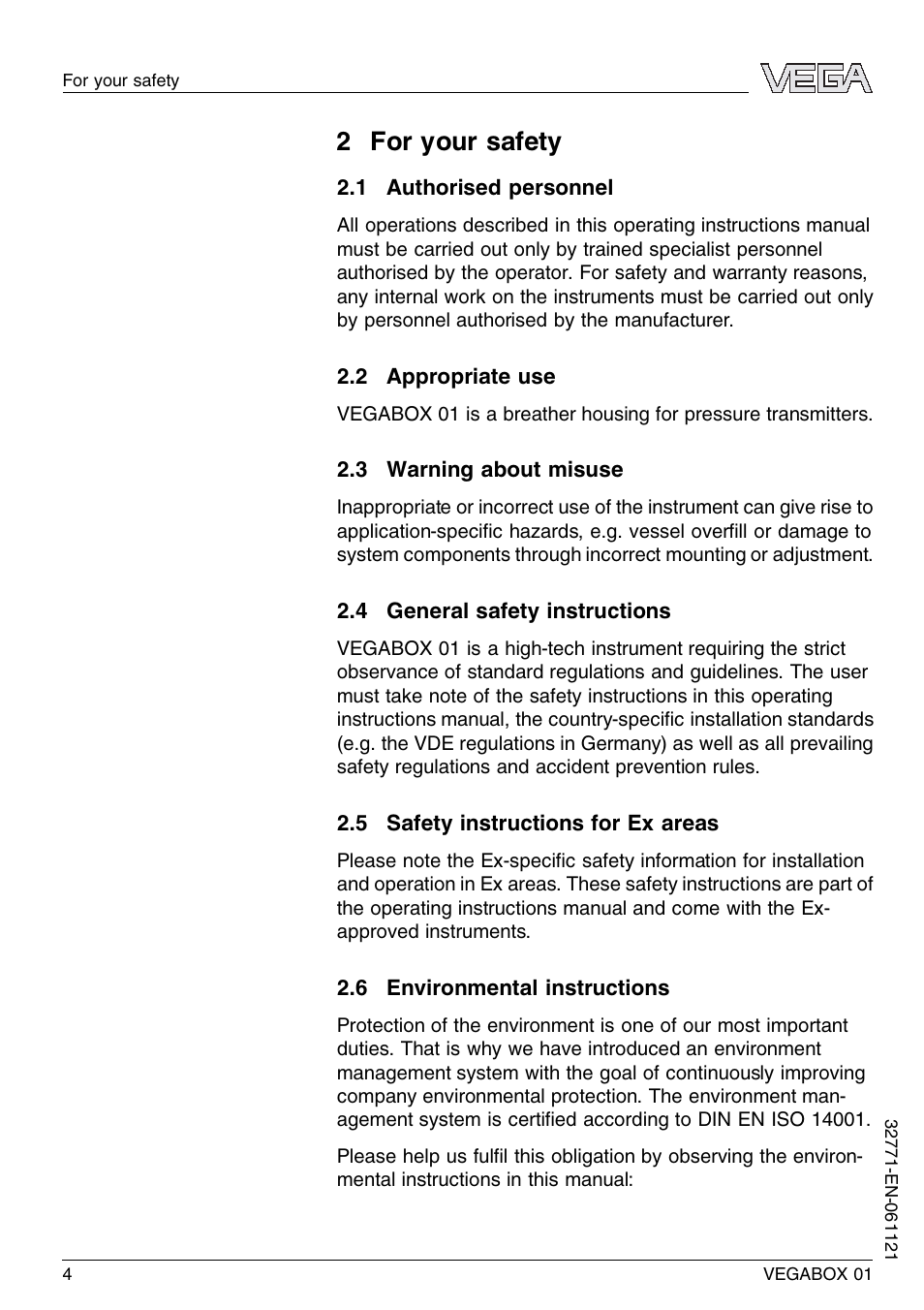 2 for your safety, 1 authorised personnel, 2 appropriate use | 3 warning about misuse, 4 general safety instructions, 5 safety instructions for ex areas, 6 environmental instructions | VEGA VEGABOX 01 User Manual | Page 4 / 20