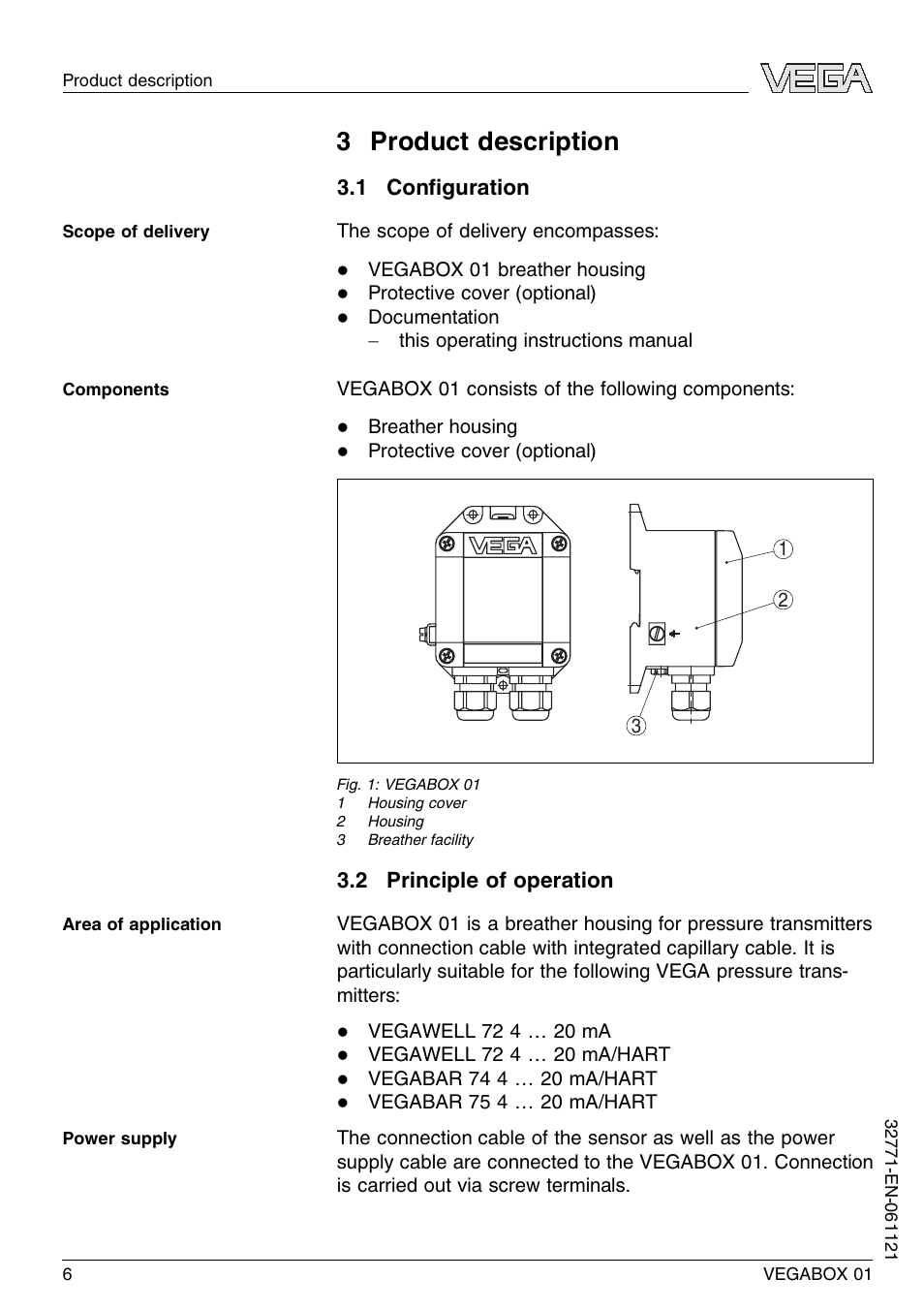 3 product description, 1 configuration, 2 principle of operation | 1 conﬁguration | VEGA VEGABOX 01 User Manual | Page 6 / 20