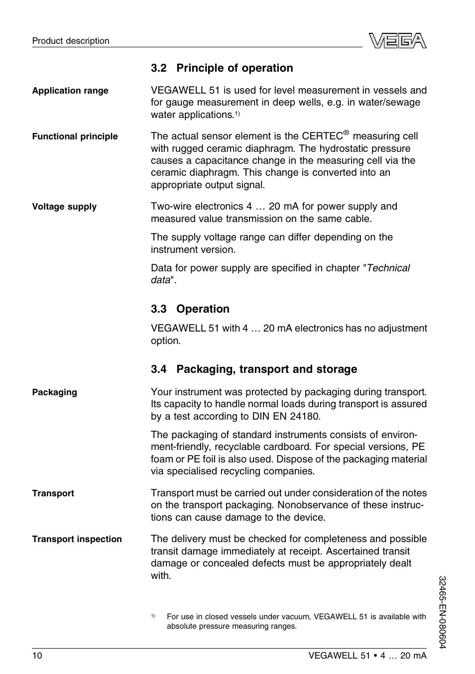 2 principle of operation, 3 operation, 4 packaging, transport and storage | VEGA VEGAWELL 51 4 … 20 mA User Manual | Page 10 / 36