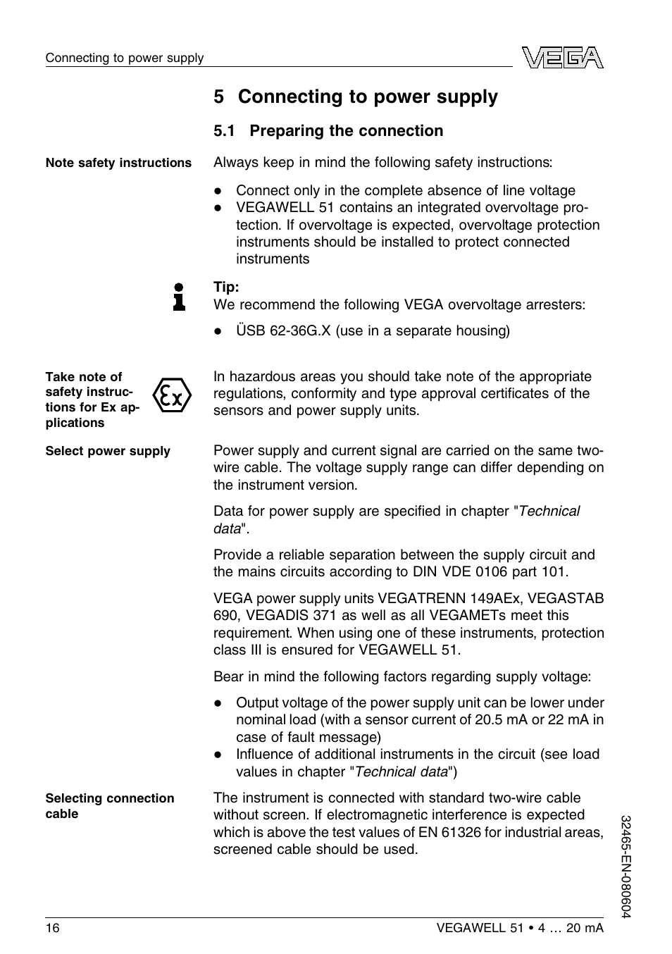 5 connecting to power supply, 1 preparing the connection, 5 c onnecting to power supply | VEGA VEGAWELL 51 4 … 20 mA User Manual | Page 16 / 36