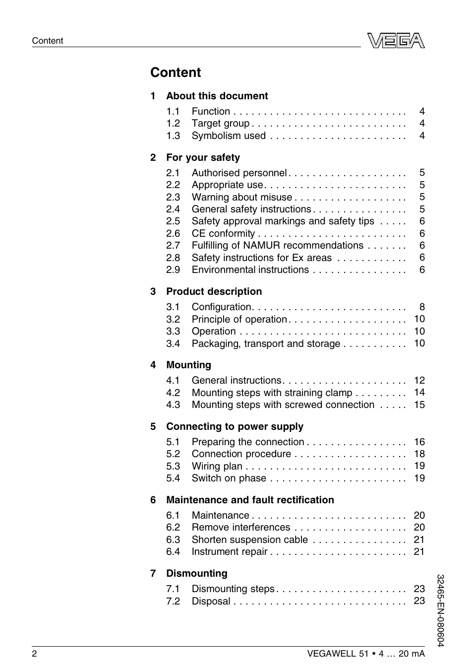 Content | VEGA VEGAWELL 51 4 … 20 mA User Manual | Page 2 / 36