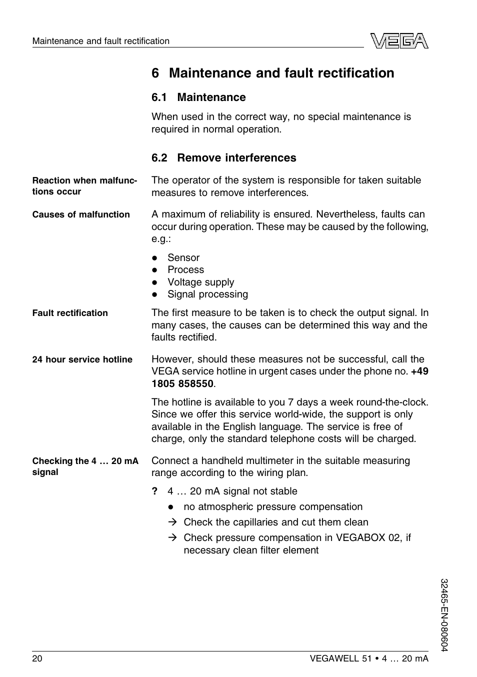 6 maintenance and fault rectification, 1 maintenance, 2 remove interferences | 6 m aintenance and fault recti ﬁcation | VEGA VEGAWELL 51 4 … 20 mA User Manual | Page 20 / 36