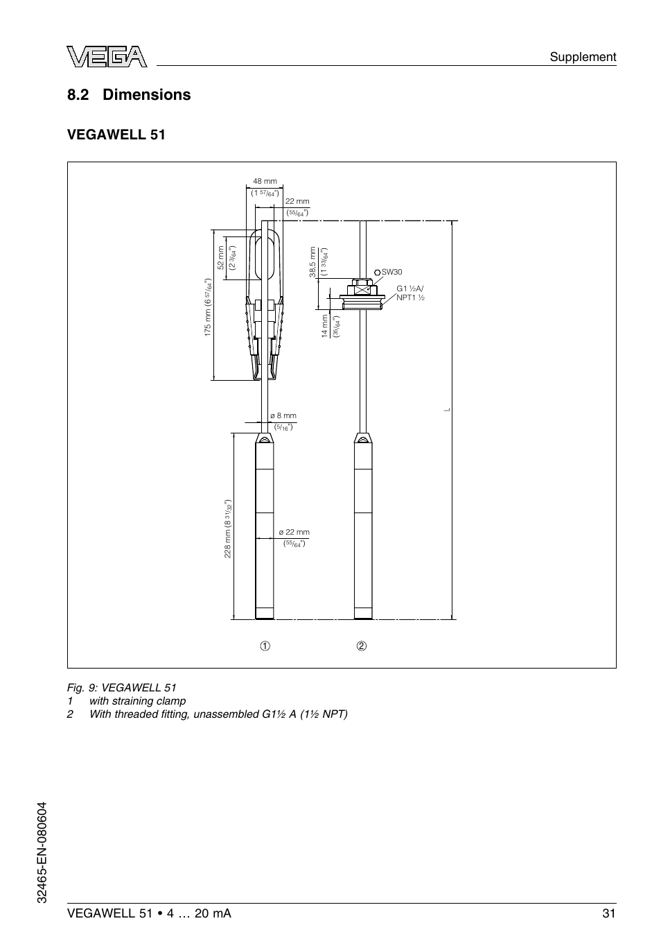 2 dimensions, Vegawell 51 | VEGA VEGAWELL 51 4 … 20 mA User Manual | Page 31 / 36