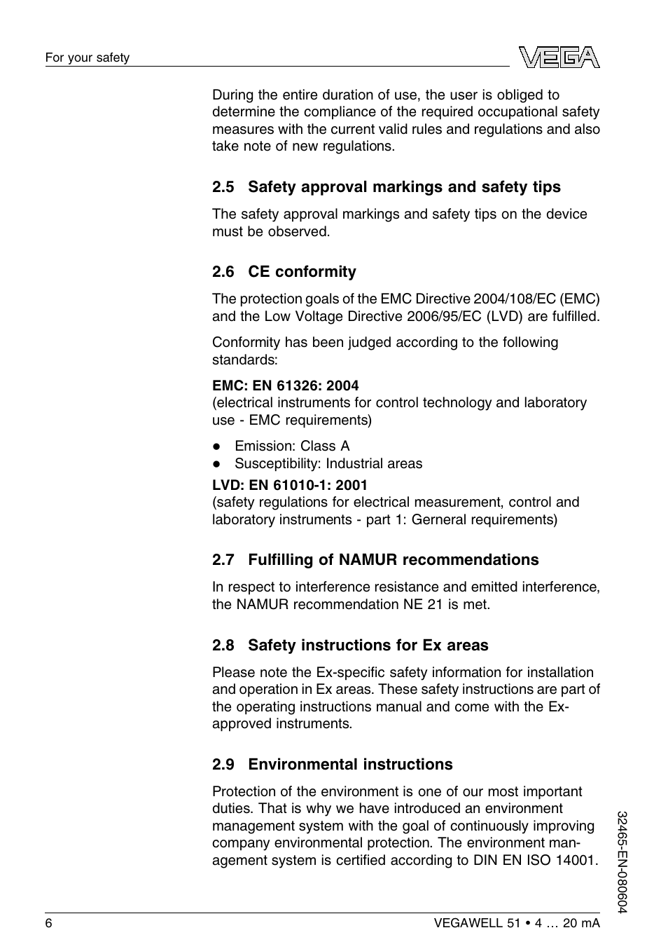 5 safety approval markings and safety tips, 6 ce conformity, 7 fulfilling of namur recommendations | 8 safety instructions for ex areas, 9 environmental instructions | VEGA VEGAWELL 51 4 … 20 mA User Manual | Page 6 / 36