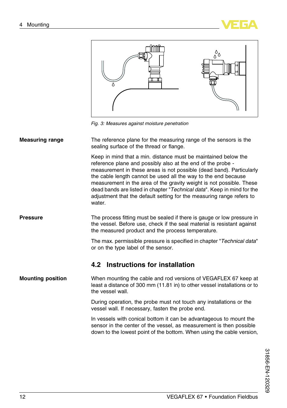 2 instructions for installation | VEGA VEGAFLEX 67 (-40…+150°C) Foundation Fieldbus User Manual | Page 12 / 60
