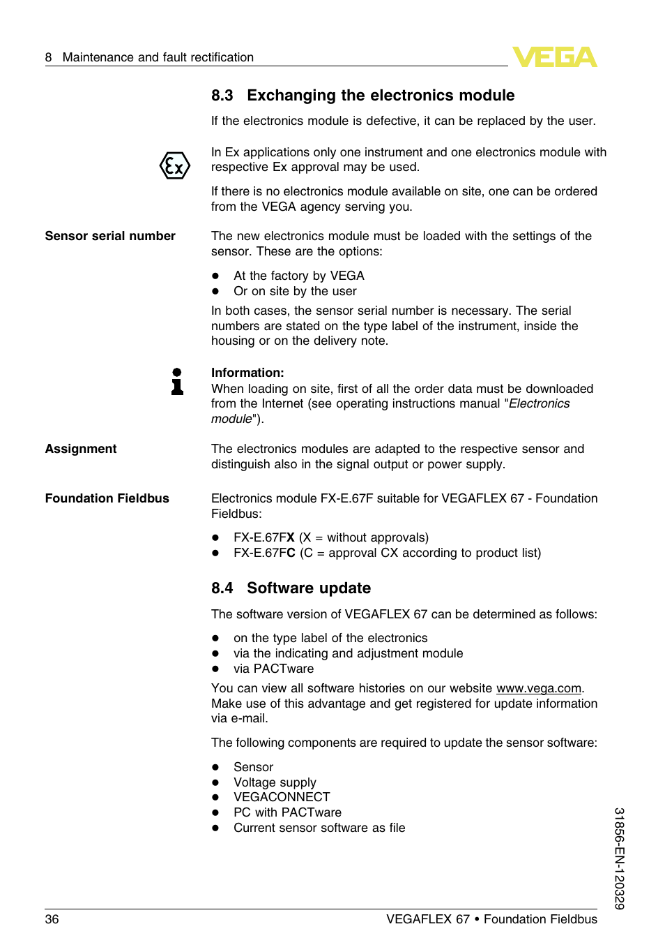 3 exchanging the electronics module, 4 software update | VEGA VEGAFLEX 67 (-40…+150°C) Foundation Fieldbus User Manual | Page 36 / 60