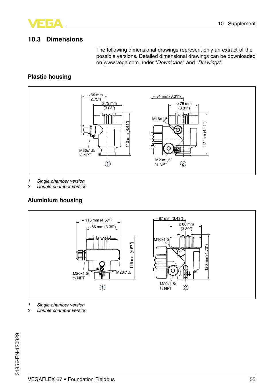 10 .3 dimensions, Plastic housing, Aluminium housing 2 1 | VEGA VEGAFLEX 67 (-40…+150°C) Foundation Fieldbus User Manual | Page 55 / 60