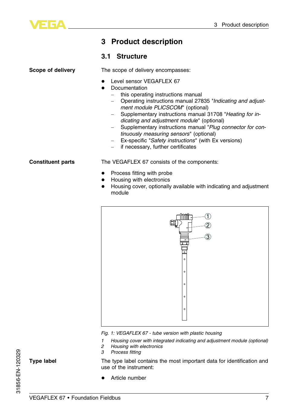 3 product description, 1 structure, 3product description | VEGA VEGAFLEX 67 (-40…+150°C) Foundation Fieldbus User Manual | Page 7 / 60