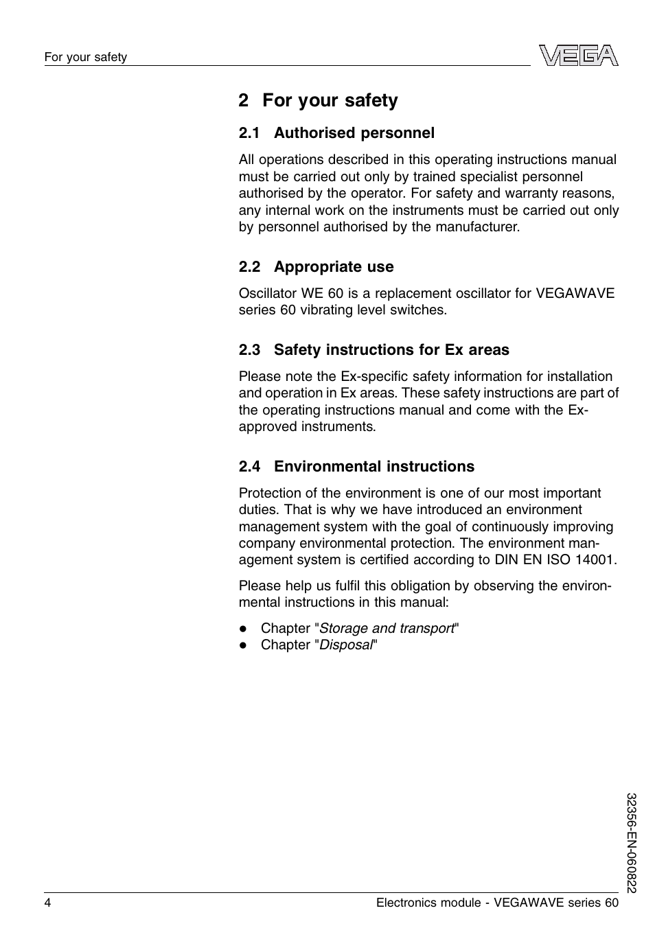 2 for your safety, 1 authorised personnel, 2 appropriate use | 3 safety instructions for ex areas, 4 environmental instructions | VEGA VEGAWAVE series 60 Electronics module User Manual | Page 4 / 12