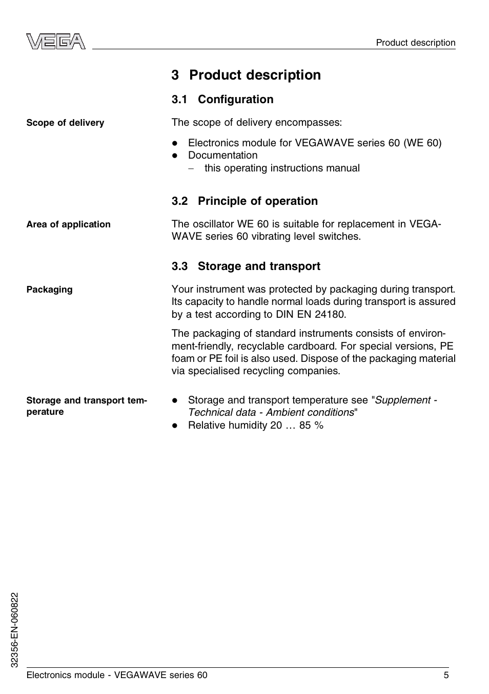 3 product description, 1 configuration, 2 principle of operation | 3 storage and transport | VEGA VEGAWAVE series 60 Electronics module User Manual | Page 5 / 12