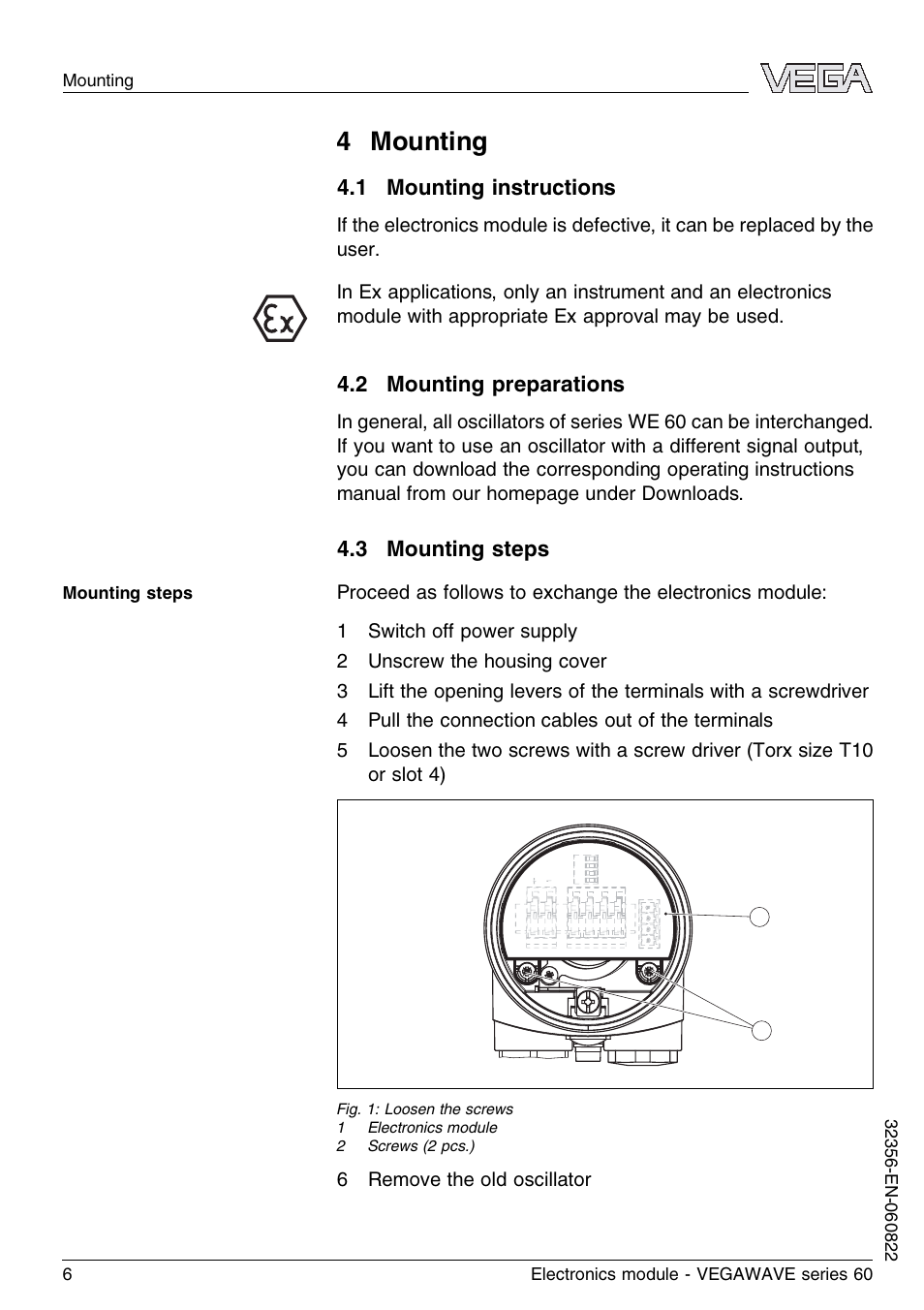 4 mounting, 1 mounting instructions, 2 mounting preparations | 3 mounting steps | VEGA VEGAWAVE series 60 Electronics module User Manual | Page 6 / 12