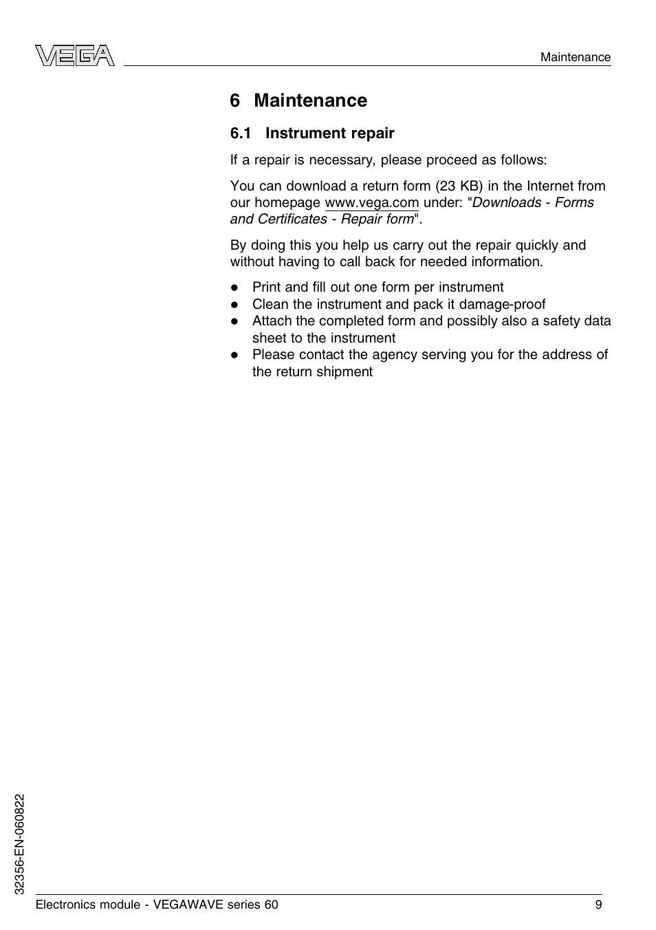 6 maintenance, 1 instrument repair | VEGA VEGAWAVE series 60 Electronics module User Manual | Page 9 / 12