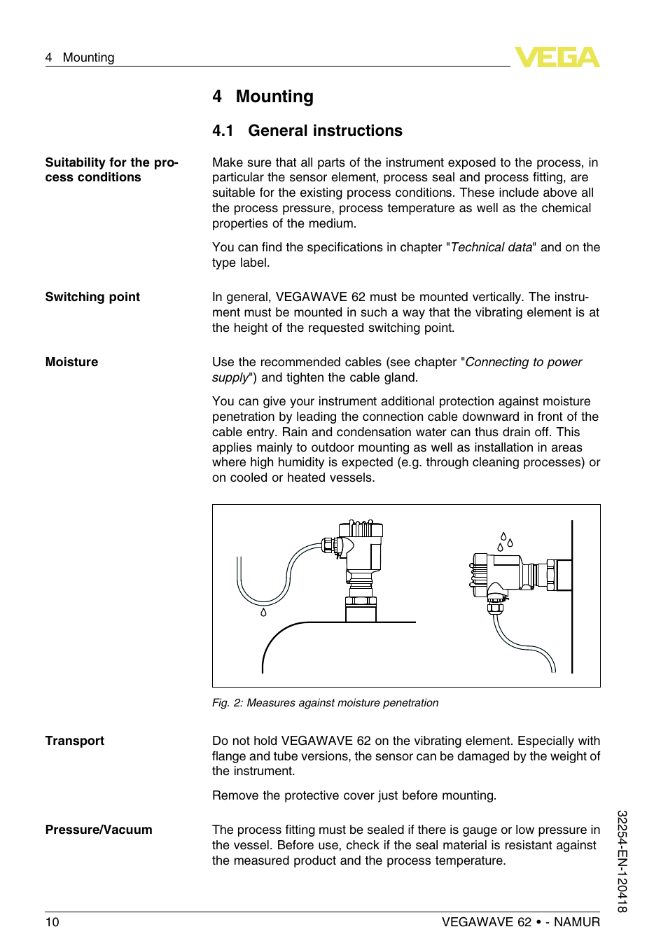 4 mounting, 1 general instructions, 4mounting | VEGA VEGAWAVE 62 - NAMUR User Manual | Page 10 / 40