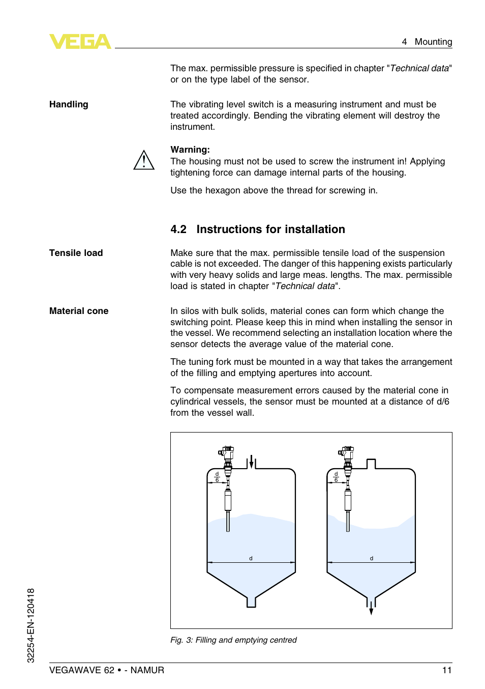 2 instructions for installation | VEGA VEGAWAVE 62 - NAMUR User Manual | Page 11 / 40