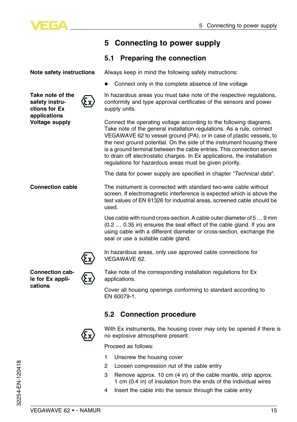 5 connecting to power supply, 1 preparing the connection, 2 connection procedure | 5connecting to power supply | VEGA VEGAWAVE 62 - NAMUR User Manual | Page 15 / 40