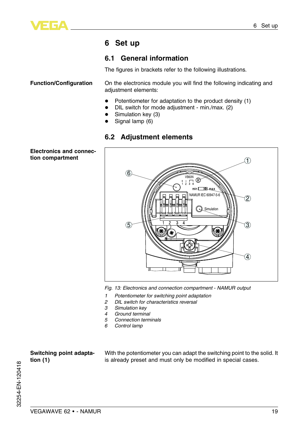 6 set up, 1 general information, 2 adjustment elements | 6set up | VEGA VEGAWAVE 62 - NAMUR User Manual | Page 19 / 40