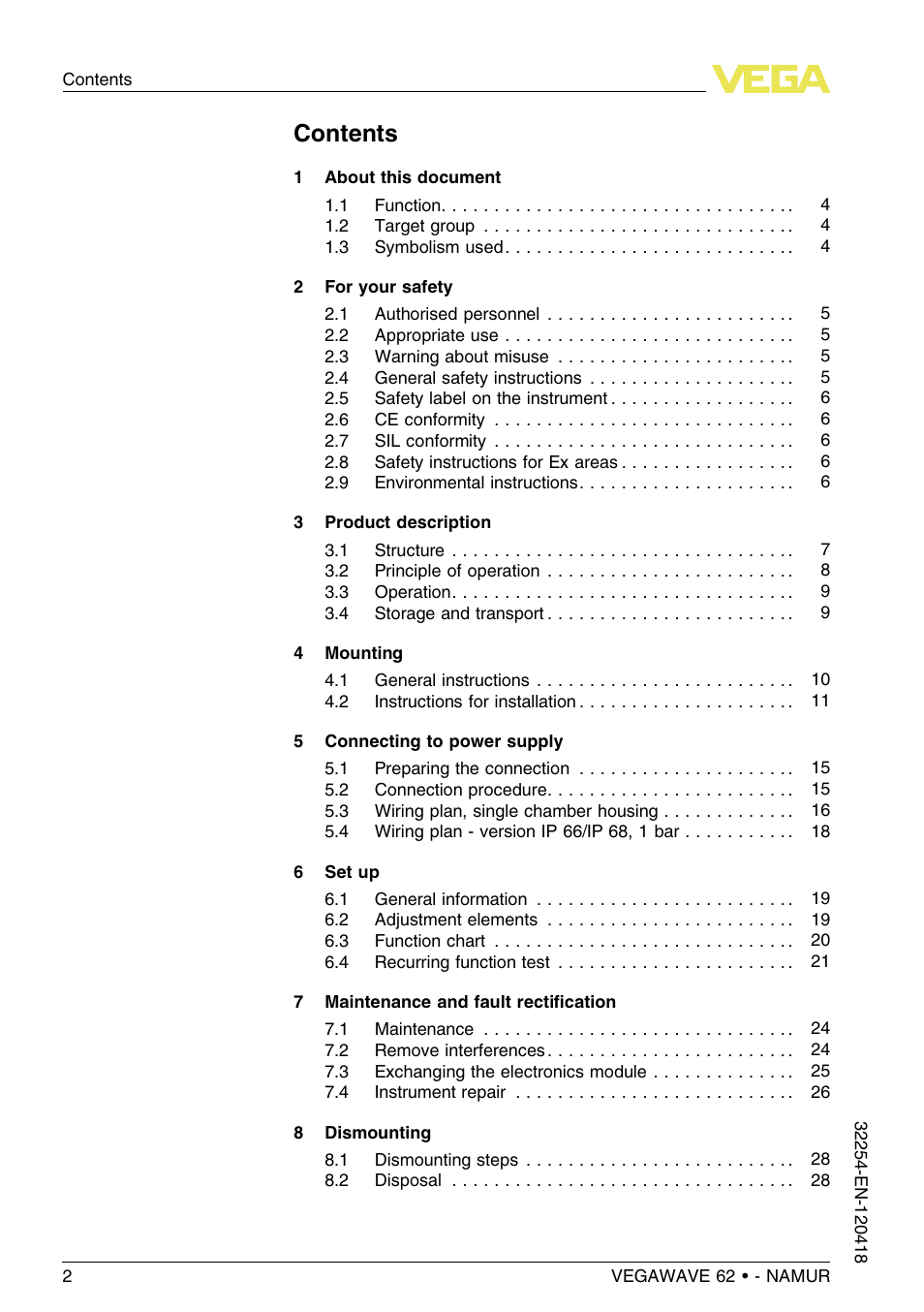 VEGA VEGAWAVE 62 - NAMUR User Manual | Page 2 / 40