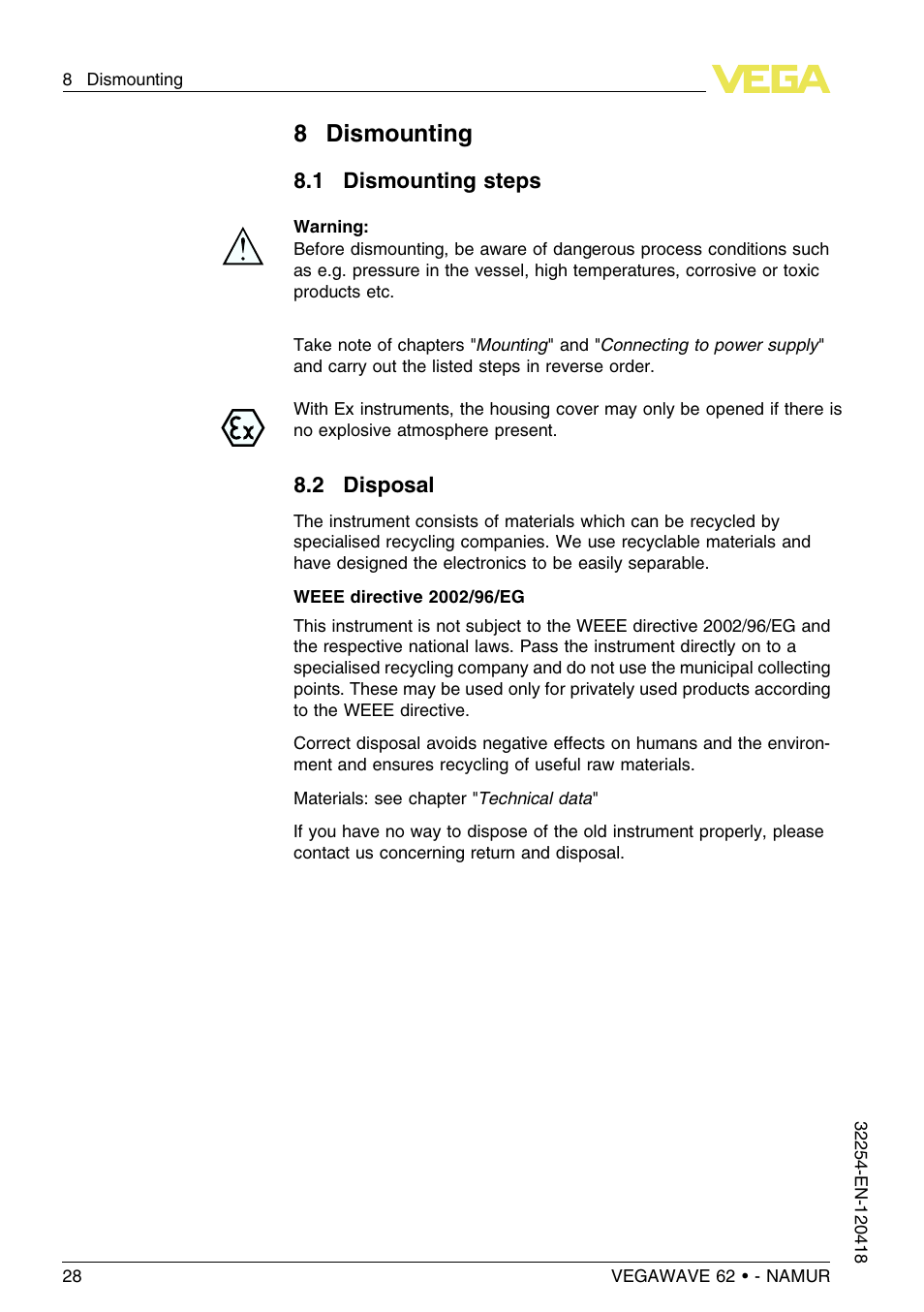 8 dismounting, 1 dismounting steps, 2 disposal | 8dismounting | VEGA VEGAWAVE 62 - NAMUR User Manual | Page 28 / 40