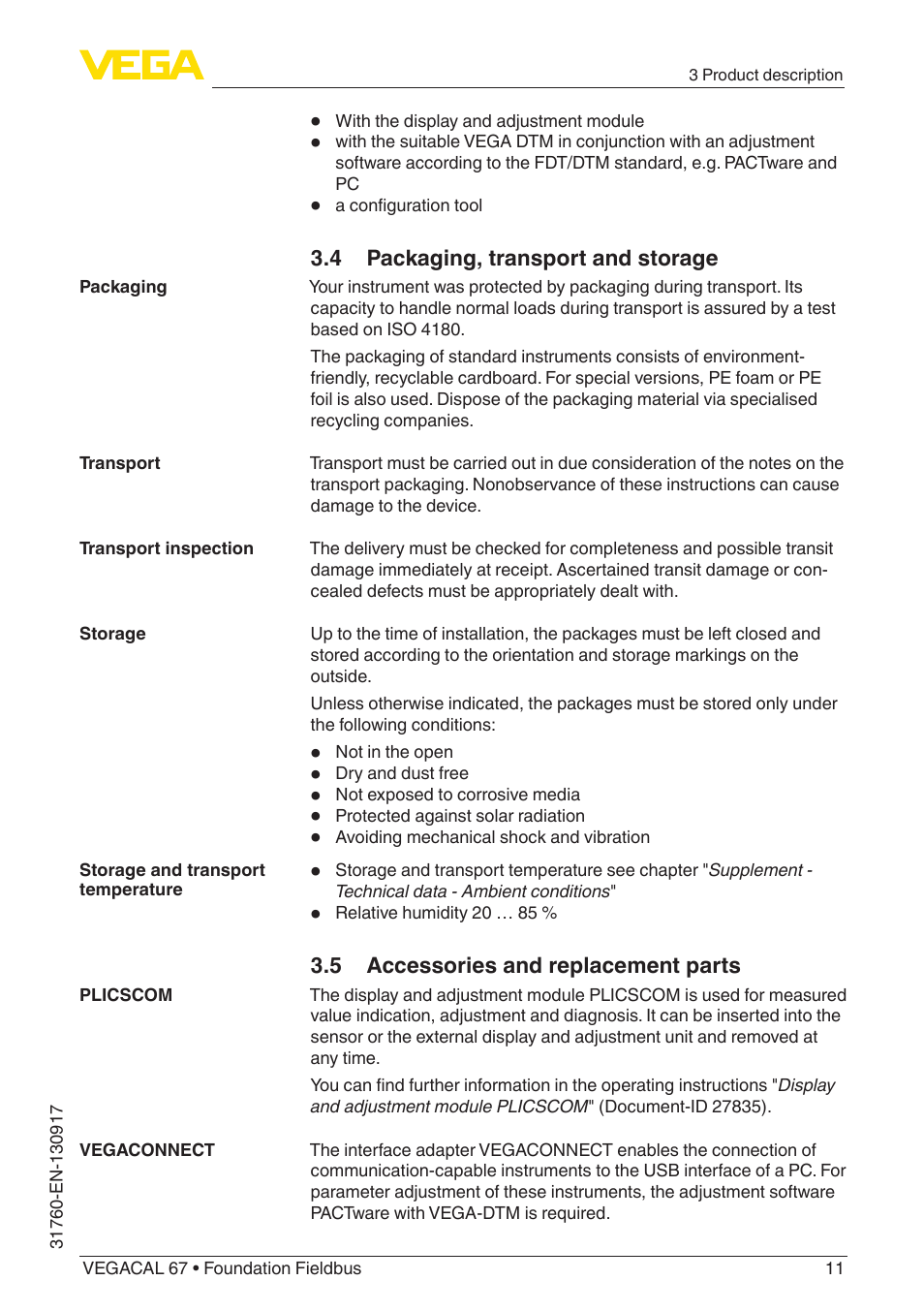 4 packaging, transport and storage, 5 accessories and replacement parts | VEGA VEGACAL 67 Foundation Fieldbus User Manual | Page 11 / 48