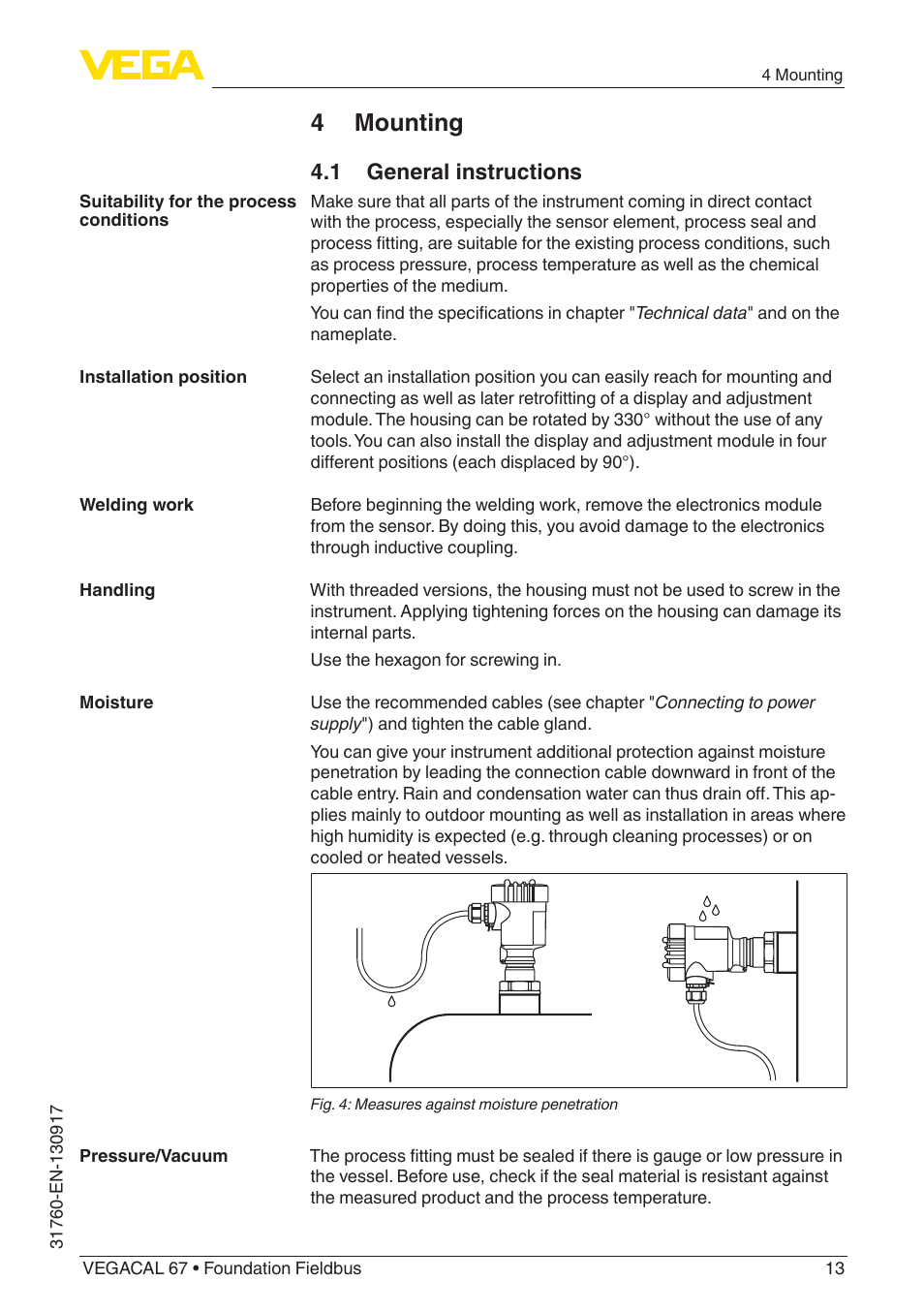 4 mounting, 1 general instructions | VEGA VEGACAL 67 Foundation Fieldbus User Manual | Page 13 / 48