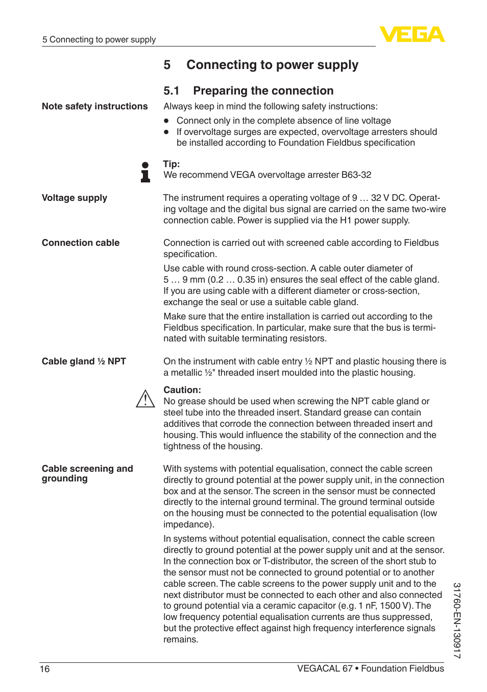 5 connecting to power supply, 1 preparing the connection | VEGA VEGACAL 67 Foundation Fieldbus User Manual | Page 16 / 48