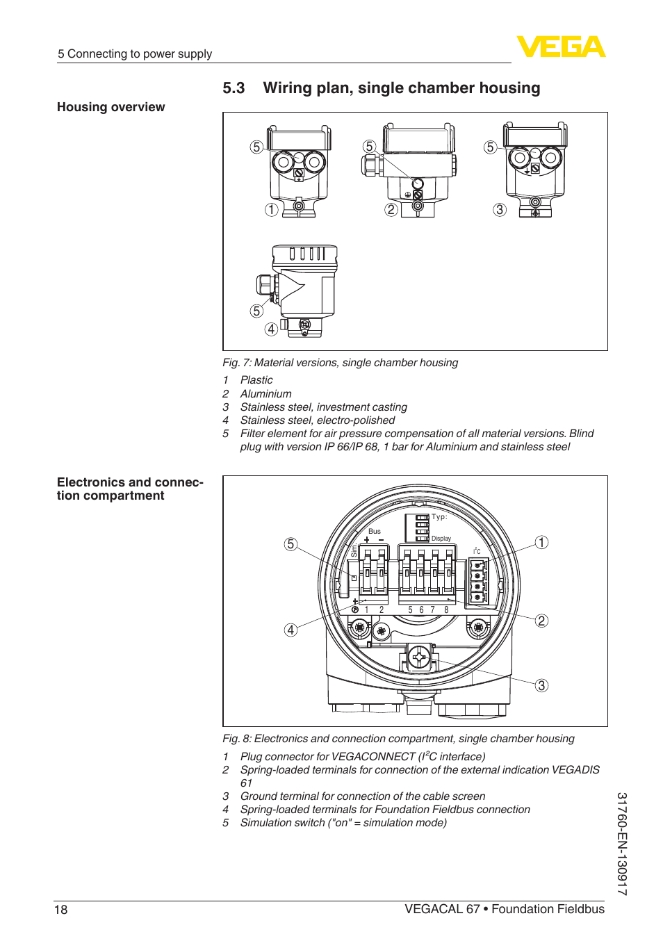 3 wiring plan, single chamber housing | VEGA VEGACAL 67 Foundation Fieldbus User Manual | Page 18 / 48