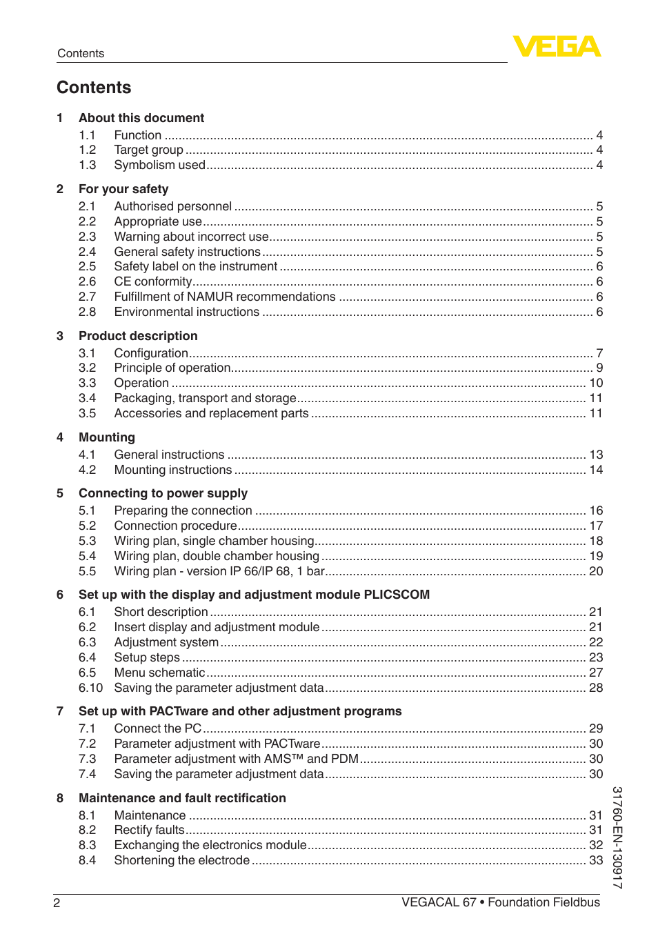 VEGA VEGACAL 67 Foundation Fieldbus User Manual | Page 2 / 48