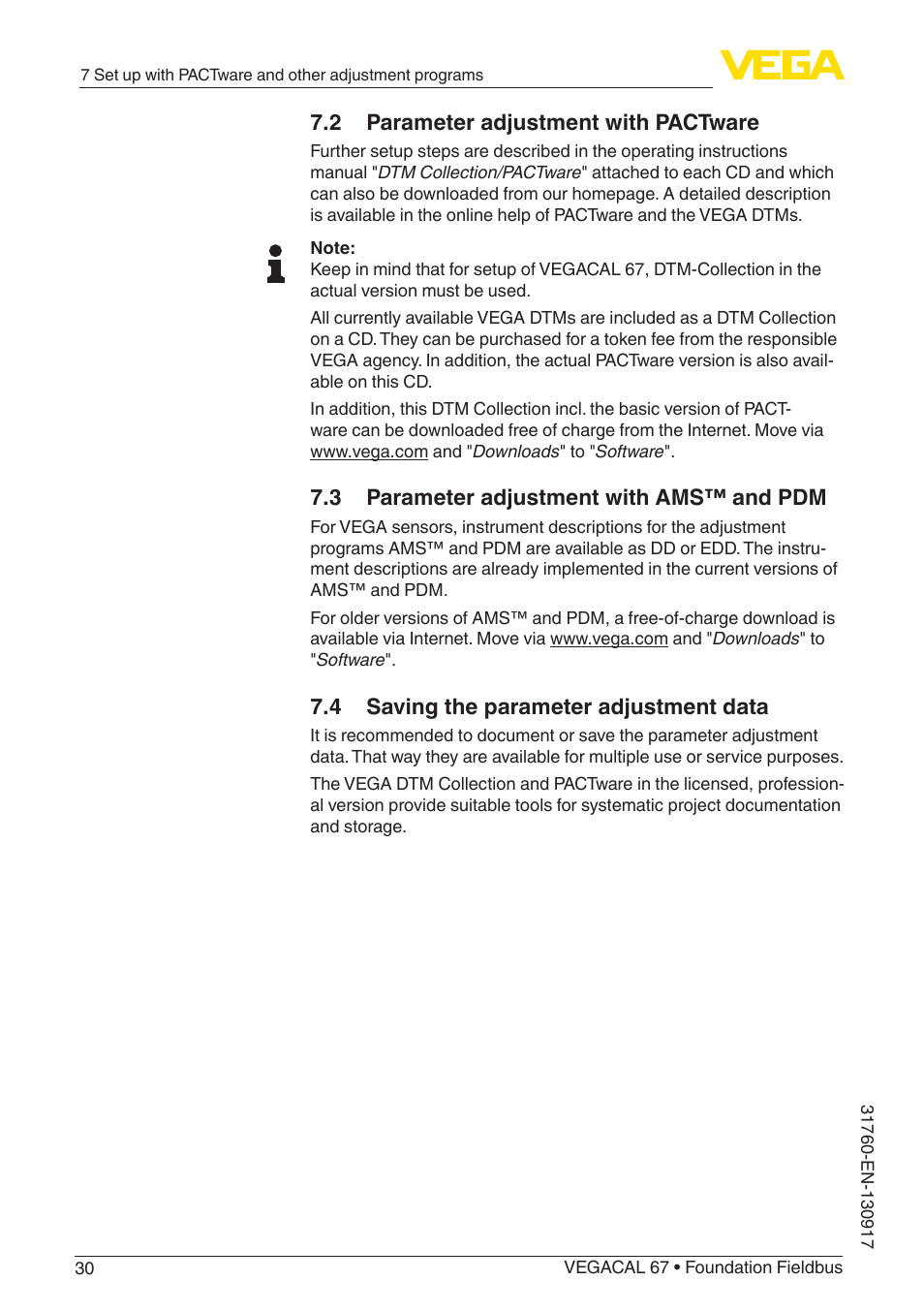 2 parameter adjustment with pactware, 4 saving the parameter adjustment data, 3 parameter adjustment with ams™ and pdm | VEGA VEGACAL 67 Foundation Fieldbus User Manual | Page 30 / 48