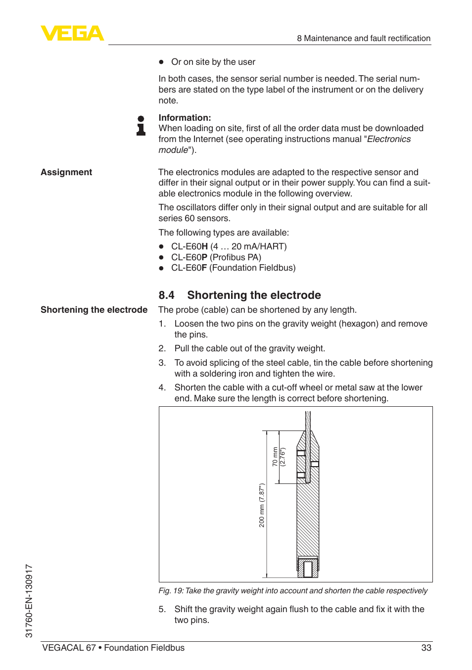 4 shortening the electrode | VEGA VEGACAL 67 Foundation Fieldbus User Manual | Page 33 / 48