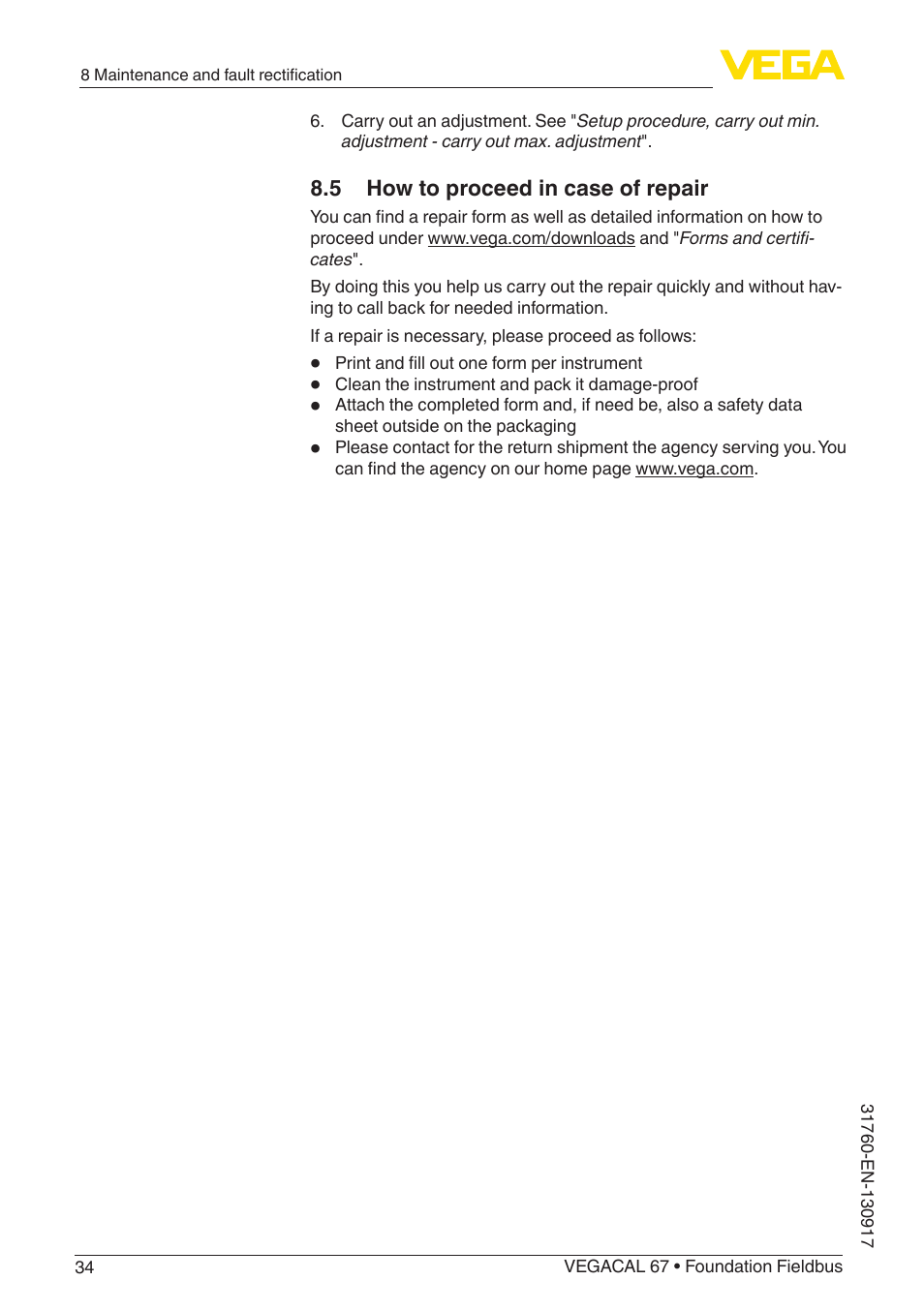 5 how to proceed in case of repair | VEGA VEGACAL 67 Foundation Fieldbus User Manual | Page 34 / 48