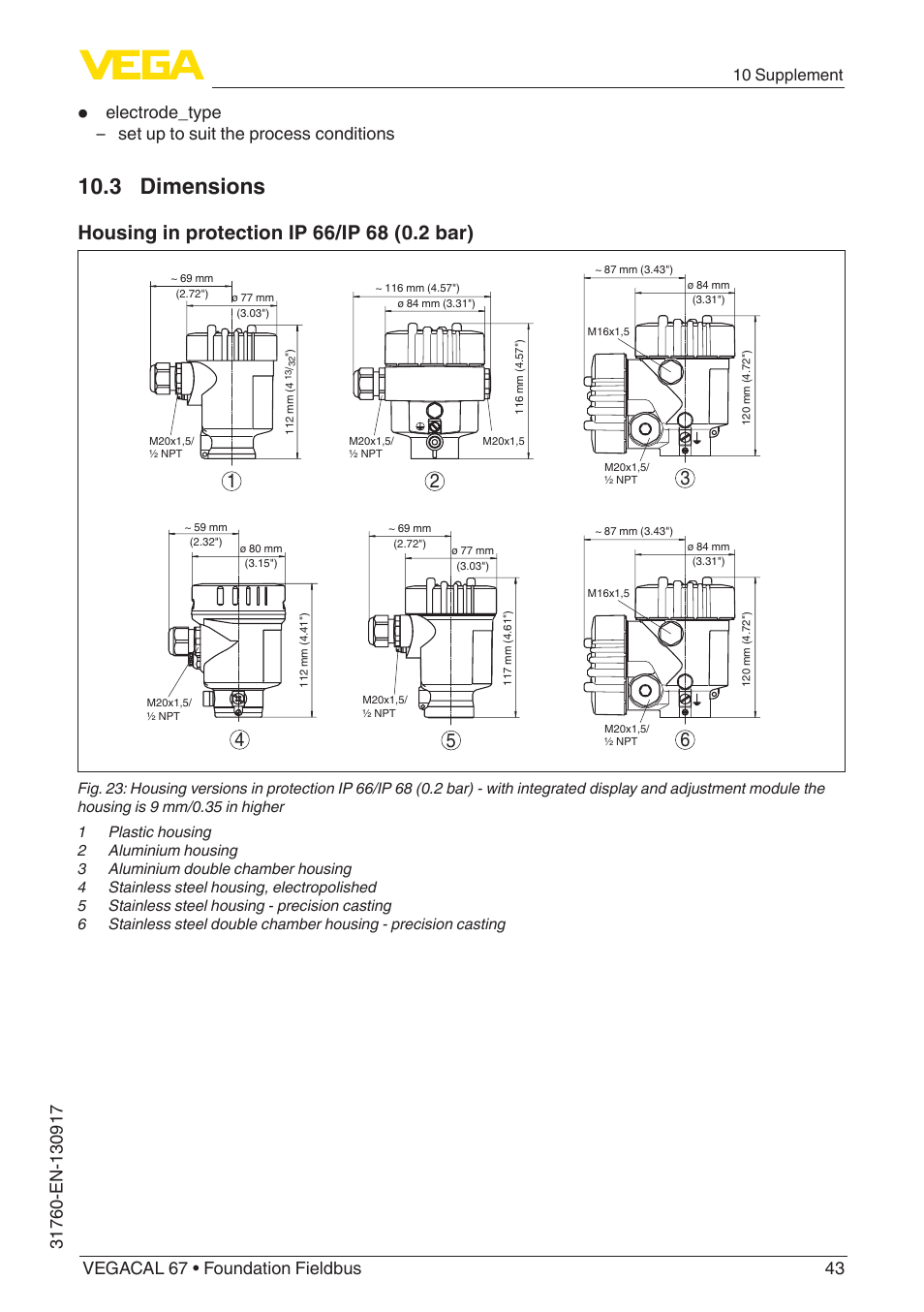 3 dimensions, 10 supplement | VEGA VEGACAL 67 Foundation Fieldbus User Manual | Page 43 / 48