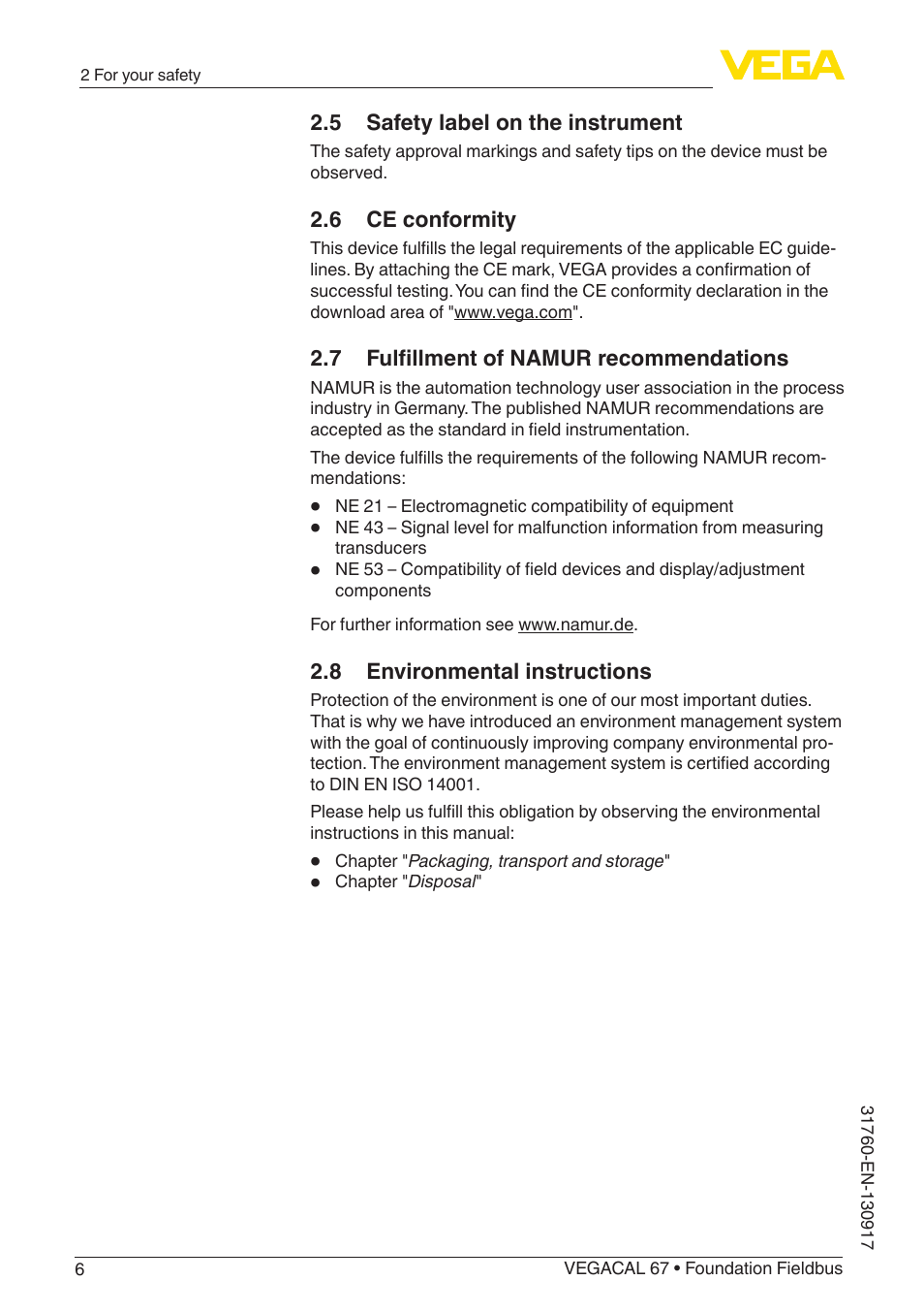 5 safety label on the instrument, 6 ce conformity, 7 fulfillment of namur recommendations | 8 environmental instructions | VEGA VEGACAL 67 Foundation Fieldbus User Manual | Page 6 / 48