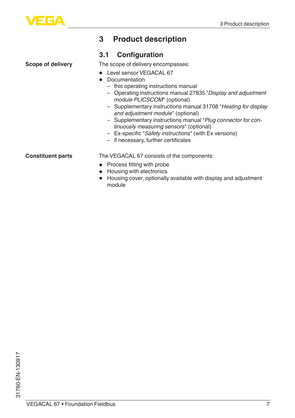 3 product description, 1 configuration | VEGA VEGACAL 67 Foundation Fieldbus User Manual | Page 7 / 48