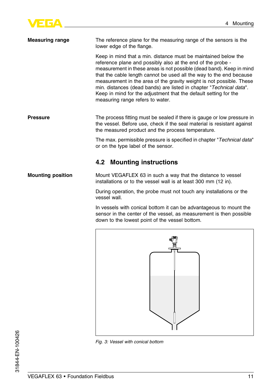 2 mounting instructions | VEGA VEGAFLEX 63 Foundation Fieldbus User Manual | Page 11 / 60