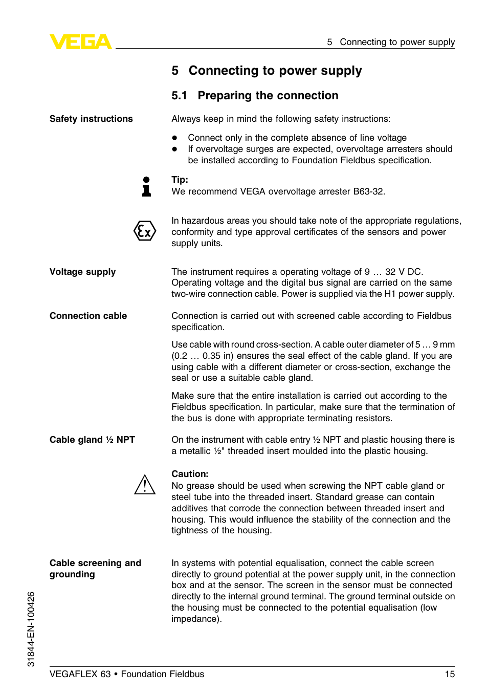 5 connecting to power supply, 1 preparing the connection, 5connecting to power supply | VEGA VEGAFLEX 63 Foundation Fieldbus User Manual | Page 15 / 60