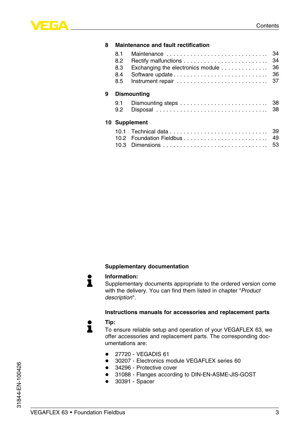 VEGA VEGAFLEX 63 Foundation Fieldbus User Manual | Page 3 / 60