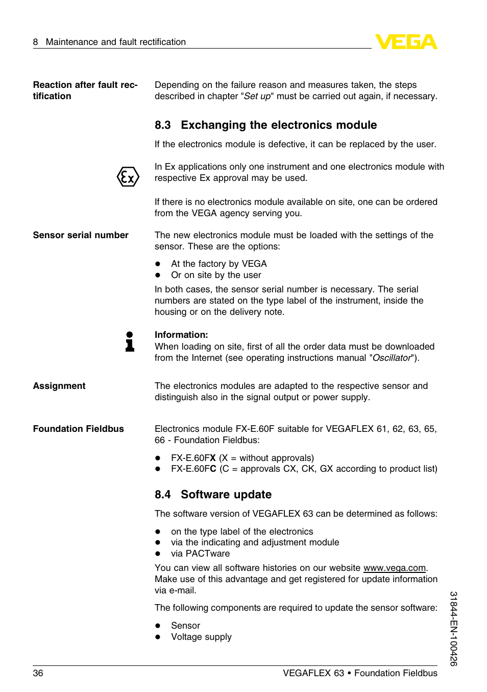 3 exchanging the electronics module, 4 software update | VEGA VEGAFLEX 63 Foundation Fieldbus User Manual | Page 36 / 60