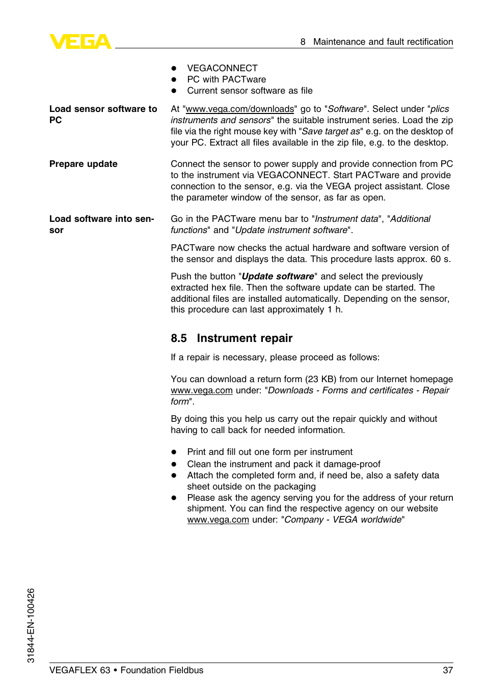 5 instrument repair | VEGA VEGAFLEX 63 Foundation Fieldbus User Manual | Page 37 / 60
