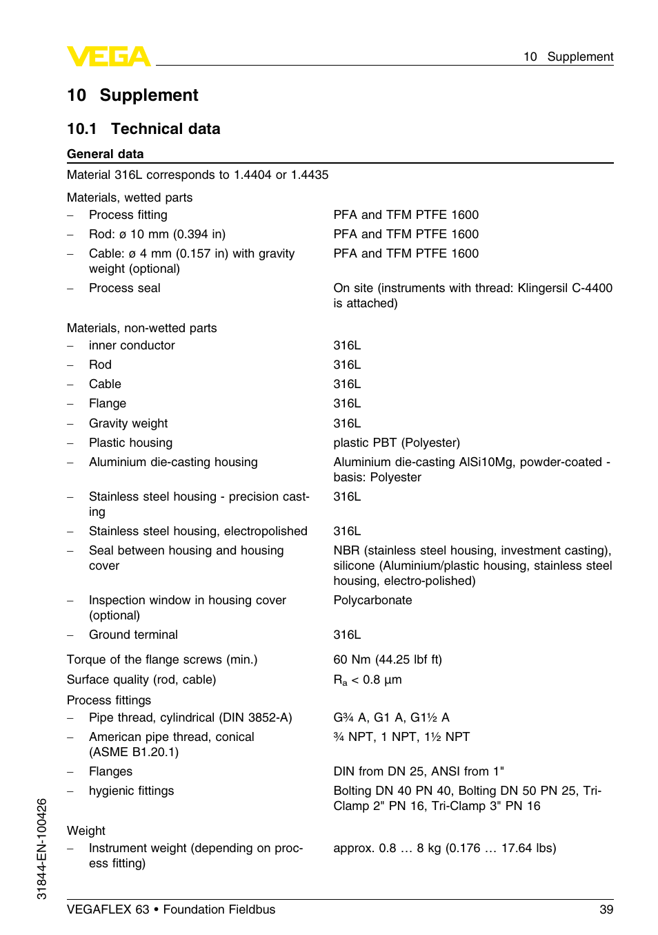 10 supplement, 1 technical data, 10 .1 technical data | VEGA VEGAFLEX 63 Foundation Fieldbus User Manual | Page 39 / 60